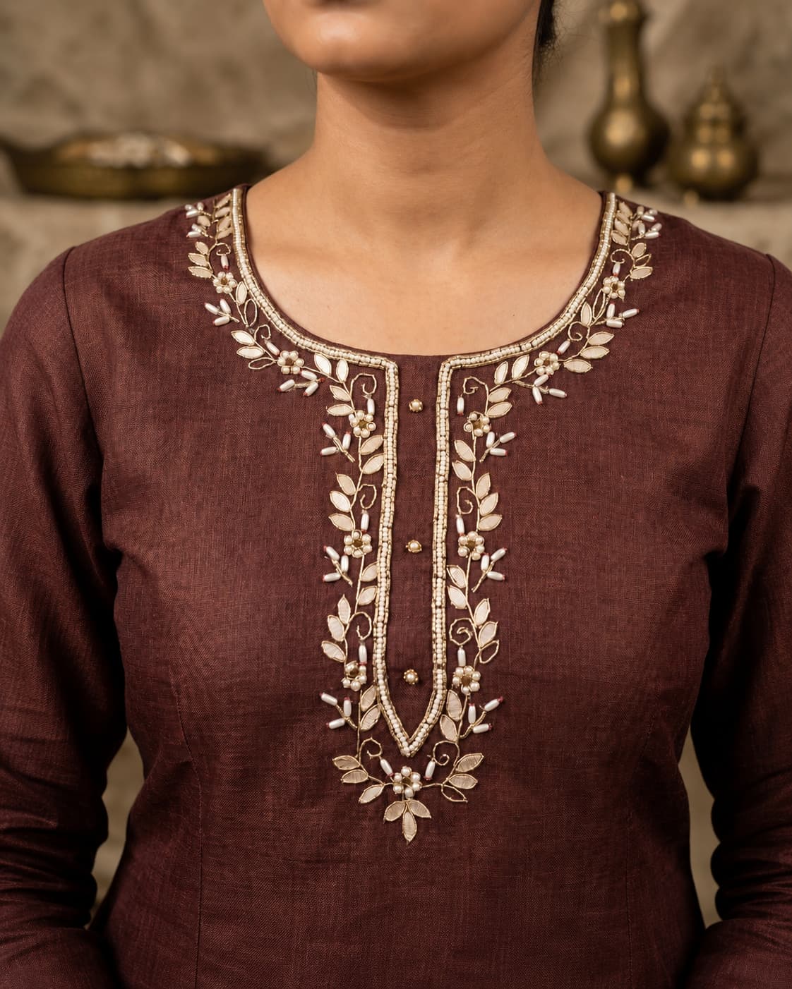 Women's Pure Cotton Lilan Print Handwork Suit - Brown