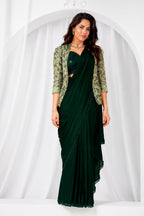 Emerald Green Metallic Lustrous Satin Silk Sequin Beads Cutdana Work Ready to Wear Drape Saree