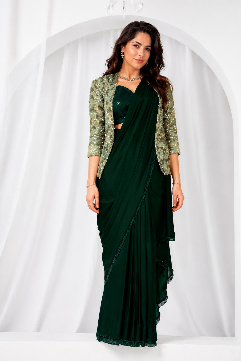 Emerald Green Metallic Lustrous Satin Silk Sequin Beads Cutdana Work Ready to Wear Drape Saree