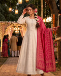 Premium Real Georgette Chikankari Embroidered Readymade Anarkali Suit with Embroidered Dupatta - White & Pink