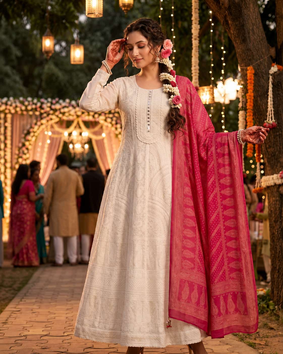 Premium Real Georgette Chikankari Embroidered Readymade Anarkali Suit with Embroidered Dupatta - White & Pink