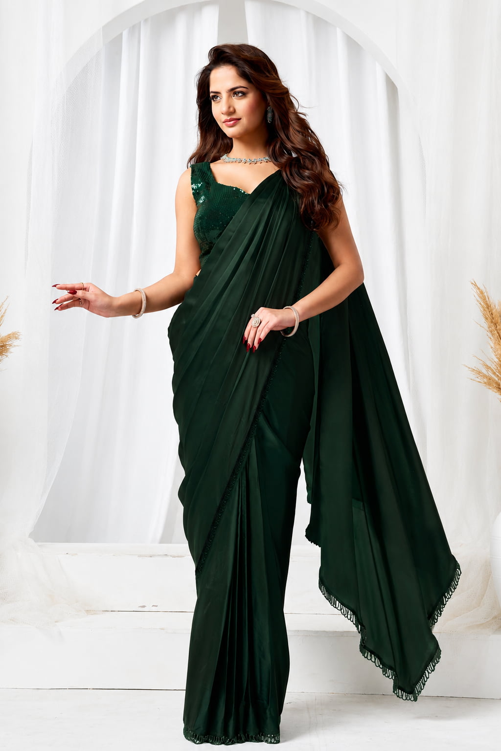 Emerald Green Metallic Lustrous Satin Silk Sequin Beads Cutdana Work Ready to Wear Drape Saree