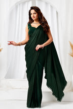 Emerald Green Metallic Lustrous Satin Silk Sequin Beads Cutdana Work Ready to Wear Drape Saree