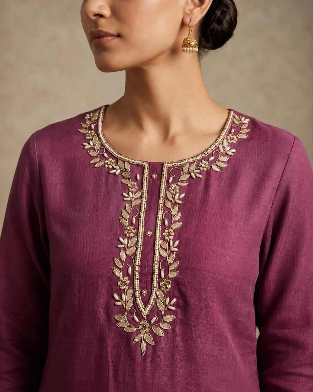 Women's Pure Cotton Lilan Print Handwork Suit - Mauve