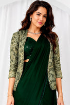 Emerald Green Metallic Lustrous Satin Silk Sequin Beads Cutdana Work Ready to Wear Drape Saree