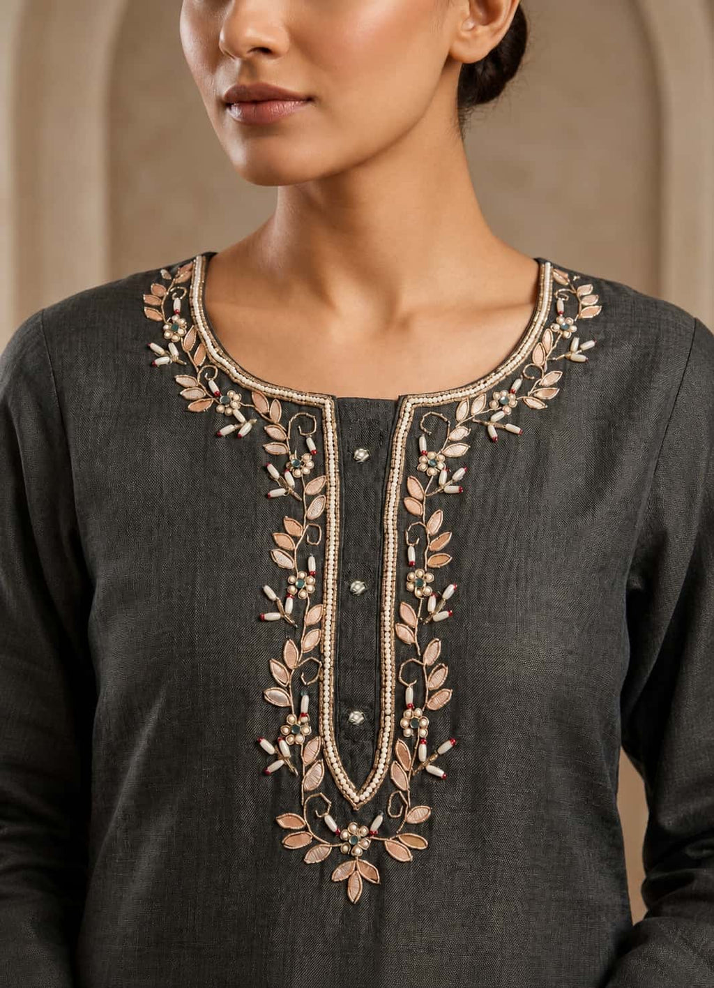 Women's Pure Cotton Lilan Print Handwork Suit - Charcoal Grey