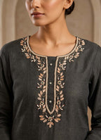 Women's Pure Cotton Lilan Print Handwork Suit - Charcoal Grey