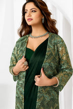 Emerald Green Metallic Lustrous Satin Silk Sequin Beads Cutdana Work Ready to Wear Drape Saree