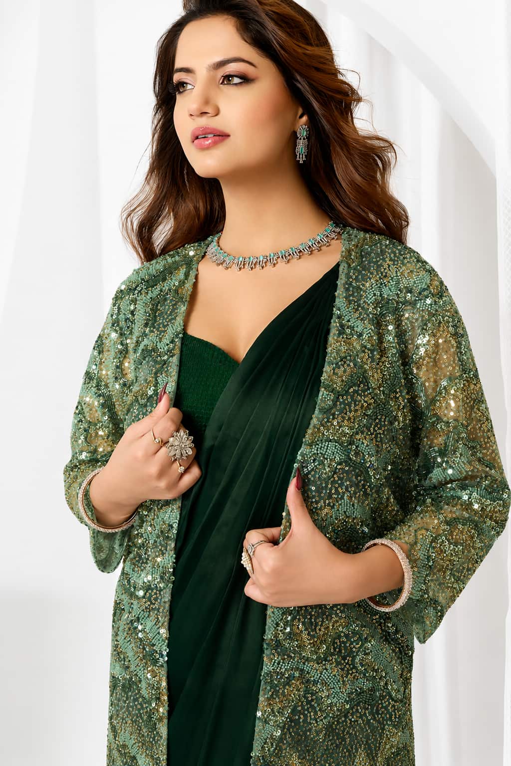 Emerald Green Metallic Lustrous Satin Silk Sequin Beads Cutdana Work Ready to Wear Drape Saree