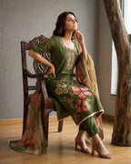 Women's Pure Cotton Lilan Print Handwork Suit - Olive Green