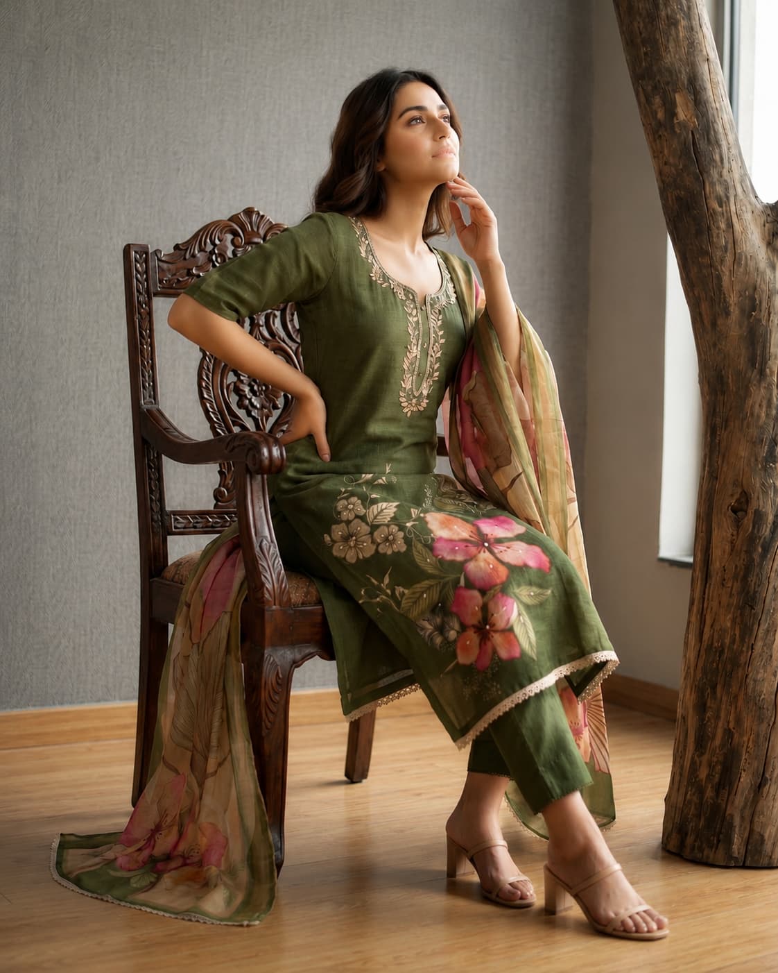 Women's Pure Cotton Lilan Print Handwork Suit - Olive Green