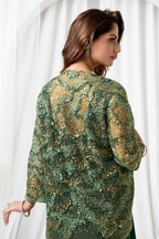 Emerald Green Metallic Lustrous Satin Silk Sequin Beads Cutdana Work Ready to Wear Drape Saree