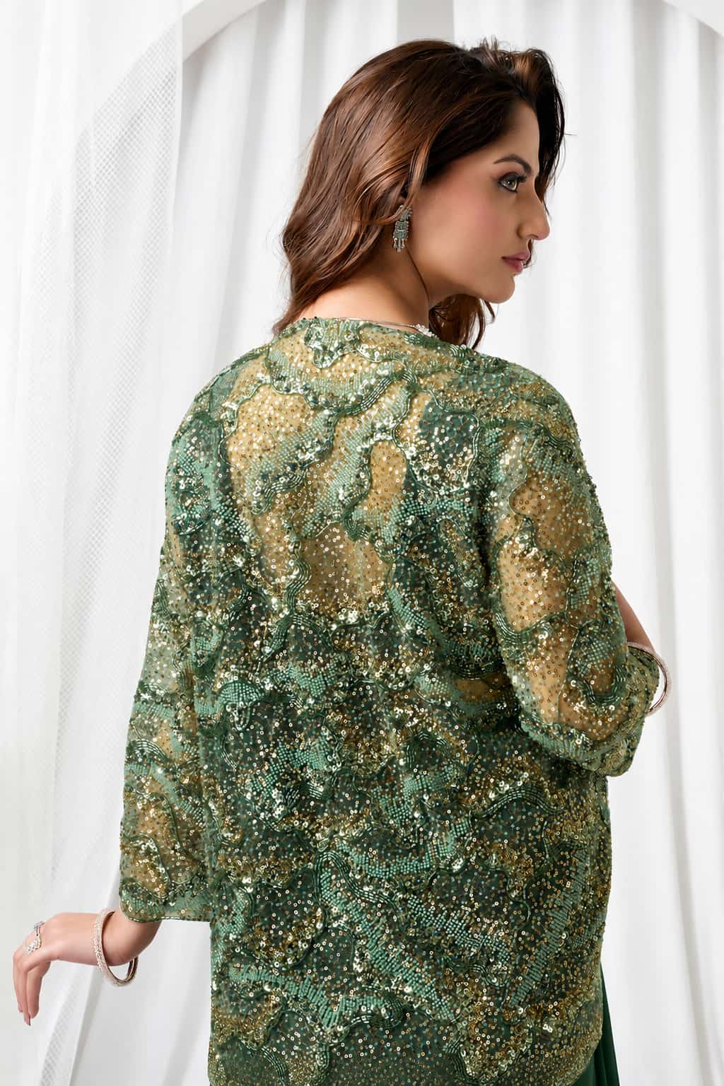 Emerald Green Metallic Lustrous Satin Silk Sequin Beads Cutdana Work Ready to Wear Drape Saree