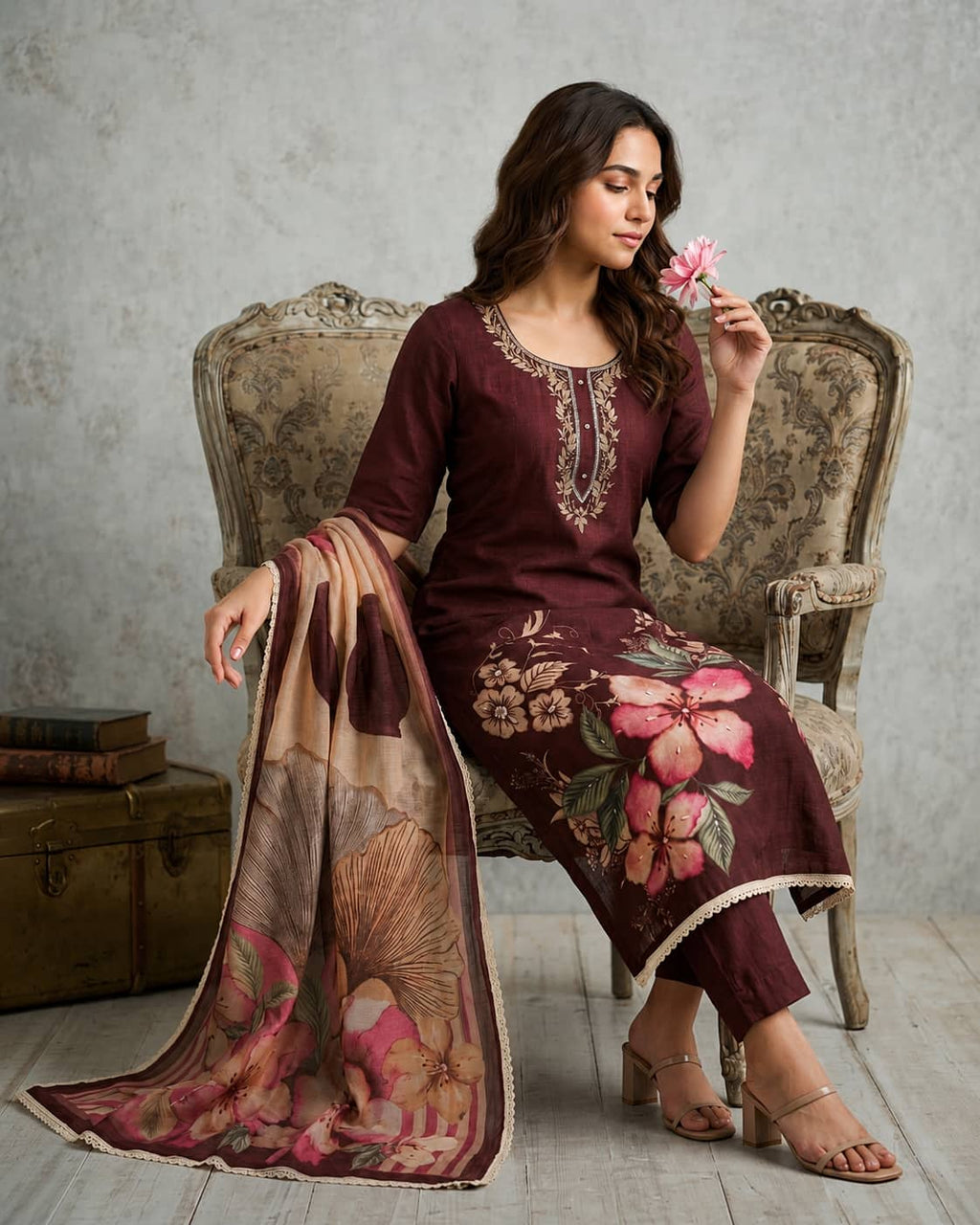 Women's Pure Cotton Lilan Print Handwork Suit - Brown