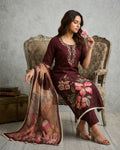 Women's Pure Cotton Lilan Print Handwork Suit - Brown