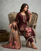 Women's Pure Cotton Lilan Print Handwork Suit - Brown