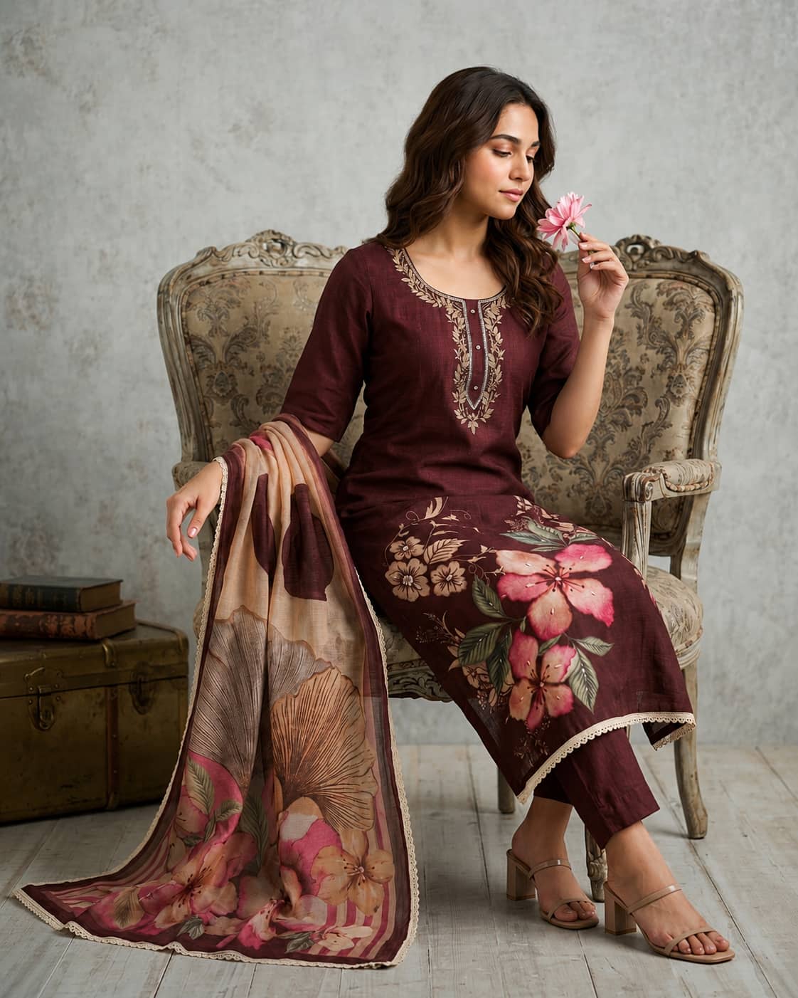 Women's Pure Cotton Lilan Print Handwork Suit - Brown