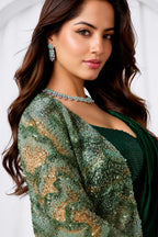 Emerald Green Metallic Lustrous Satin Silk Sequin Beads Cutdana Work Ready to Wear Drape Saree