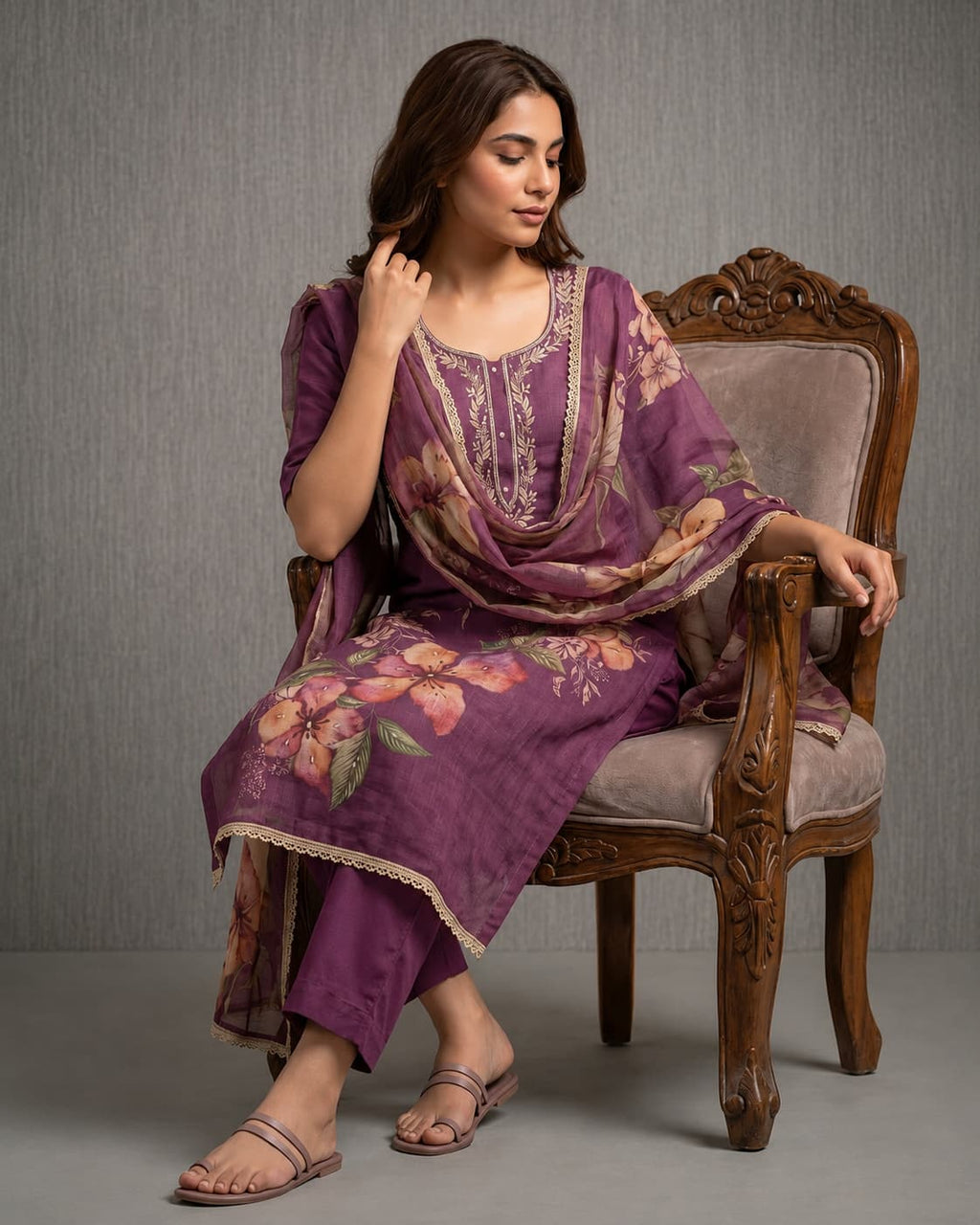 Women's Pure Cotton Lilan Print Handwork Suit - Mauve