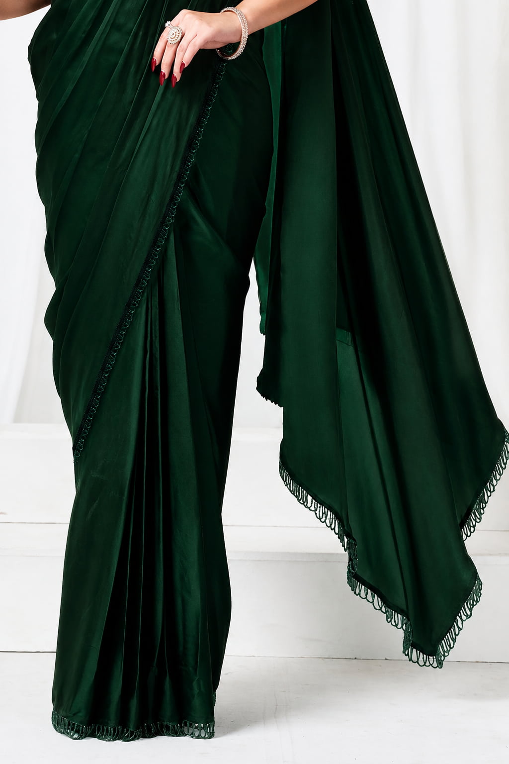 Emerald Green Metallic Lustrous Satin Silk Sequin Beads Cutdana Work Ready to Wear Drape Saree