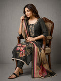 Women's Pure Cotton Lilan Print Handwork Suit - Charcoal Grey