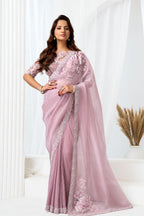 Blush Pink Crushed Shimmer Organza Floral Highlighted Beads Sequin Work Saree