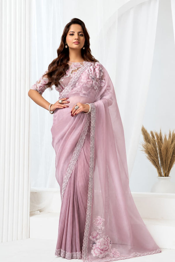 Blush Pink Crushed Shimmer Organza Floral Highlighted Beads Sequin Work Saree