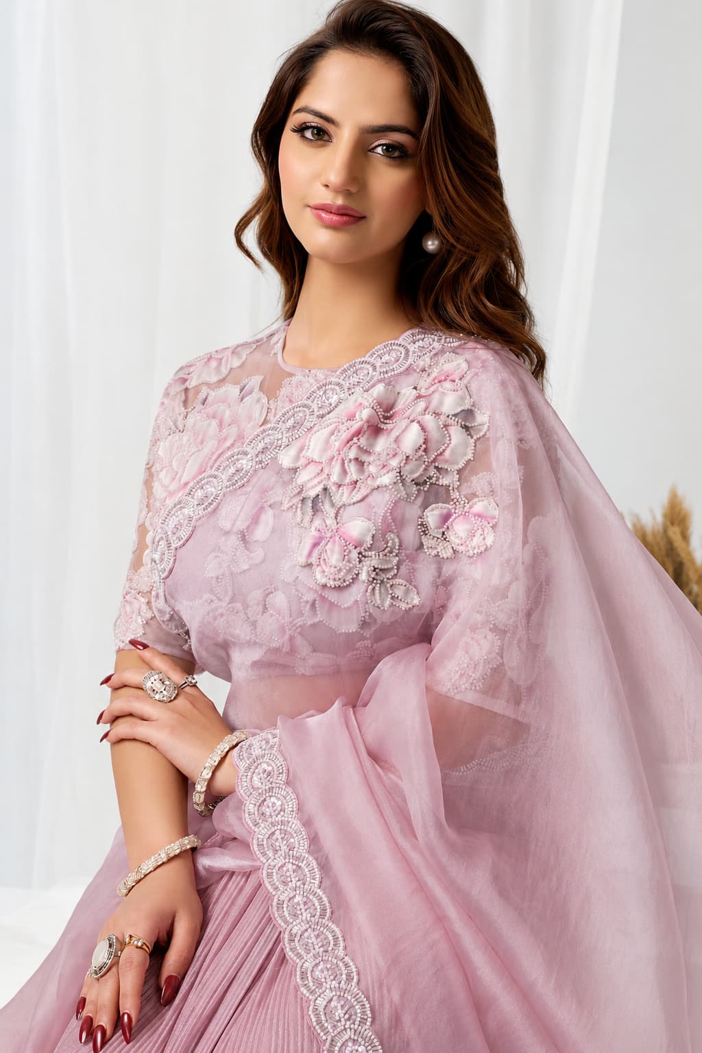 Blush Pink Crushed Shimmer Organza Floral Highlighted Beads Sequin Work Saree