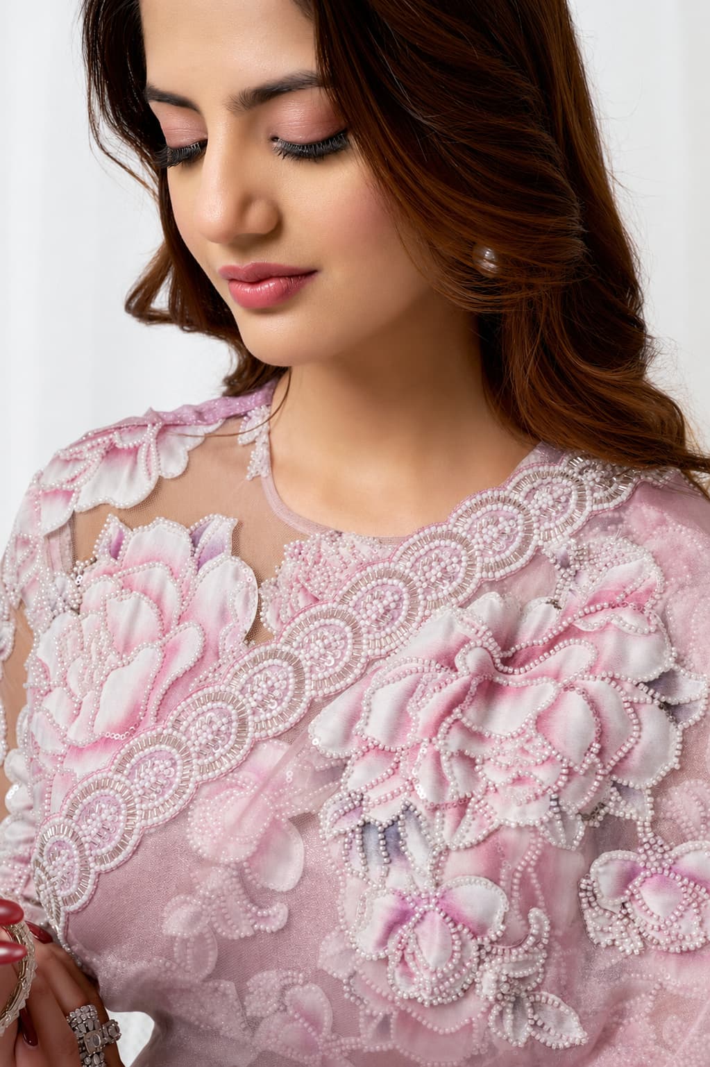 Blush Pink Crushed Shimmer Organza Floral Highlighted Beads Sequin Work Saree