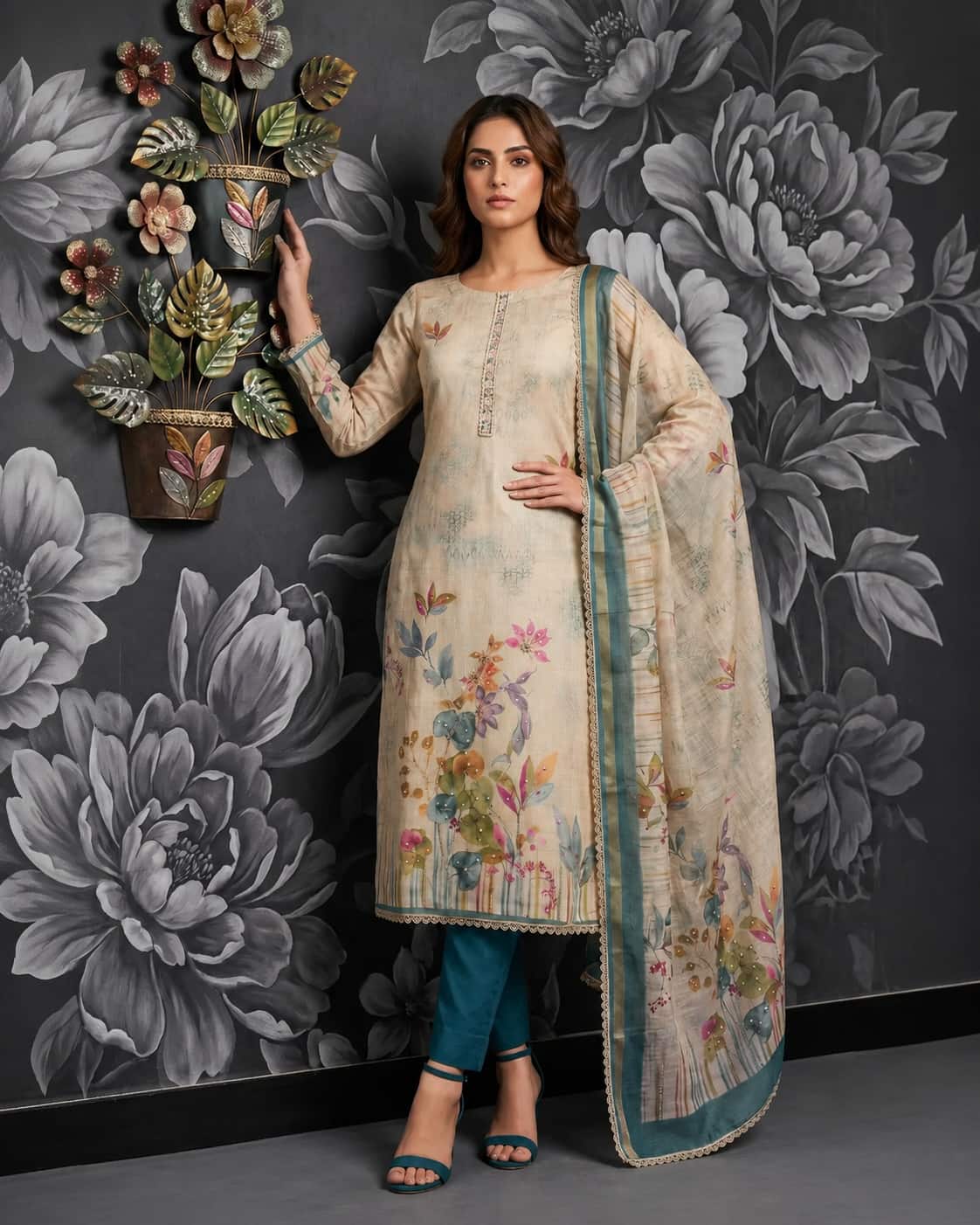 Sage Meadow Pure Cotton Printed Suit Set with Front Handwork