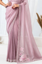 Blush Pink Crushed Shimmer Organza Floral Highlighted Beads Sequin Work Saree