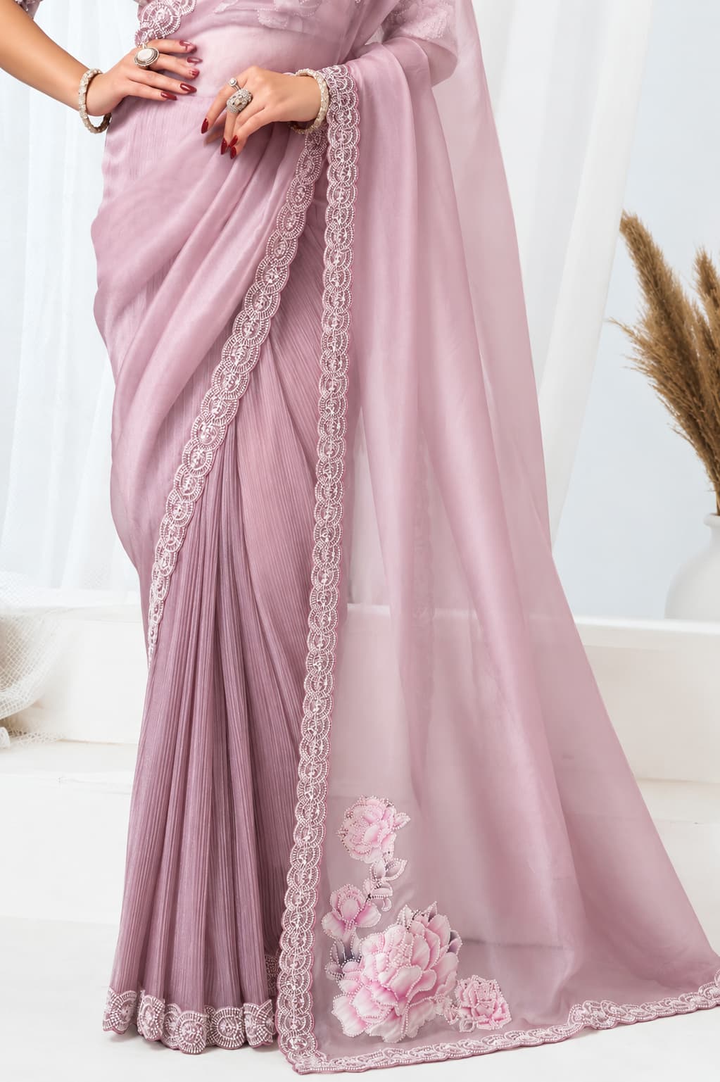 Blush Pink Crushed Shimmer Organza Floral Highlighted Beads Sequin Work Saree