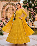Premium Real Georgette Chikankari Embroidered Readymade Anarkali Suit with Embroidered Dupatta - Mustard Yellow