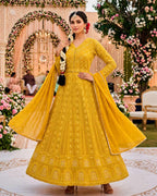 Premium Real Georgette Chikankari Embroidered Readymade Anarkali Suit with Embroidered Dupatta - Mustard Yellow