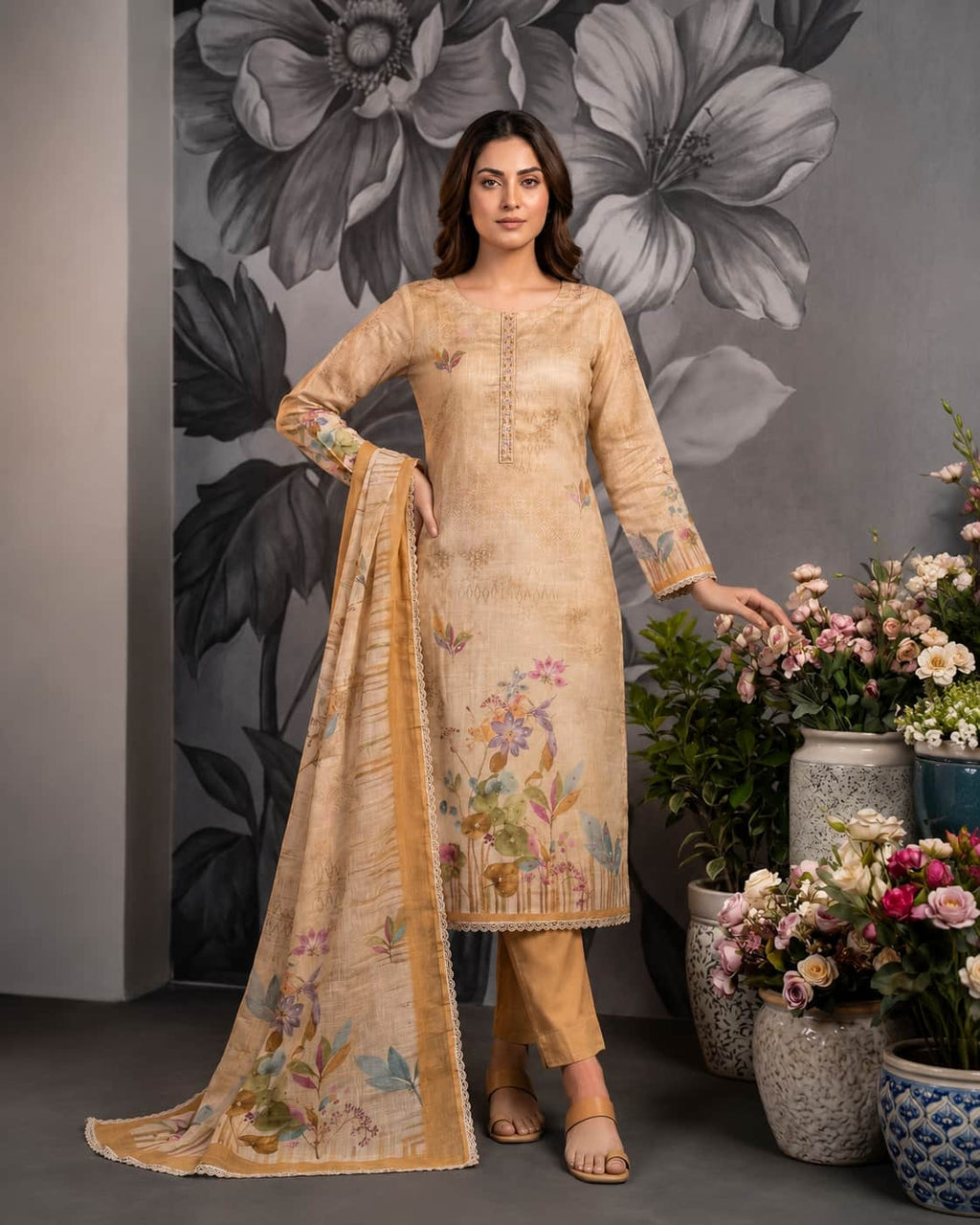 Blush Bloom Pure Cotton Printed Suit Set with Front Handwork