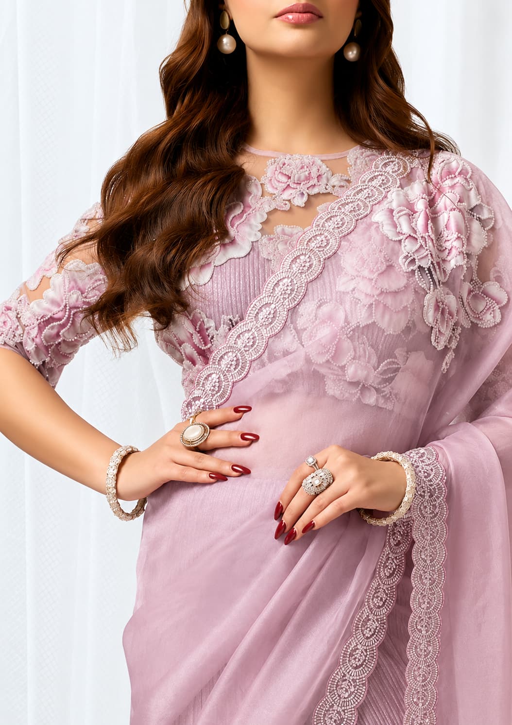 Blush Pink Crushed Shimmer Organza Floral Highlighted Beads Sequin Work Saree