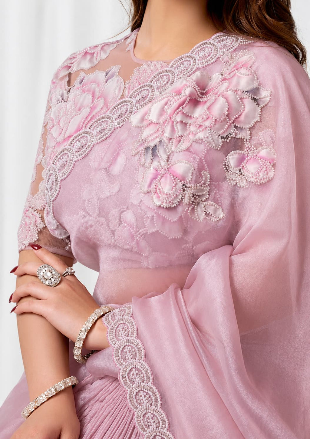 Blush Pink Crushed Shimmer Organza Floral Highlighted Beads Sequin Work Saree