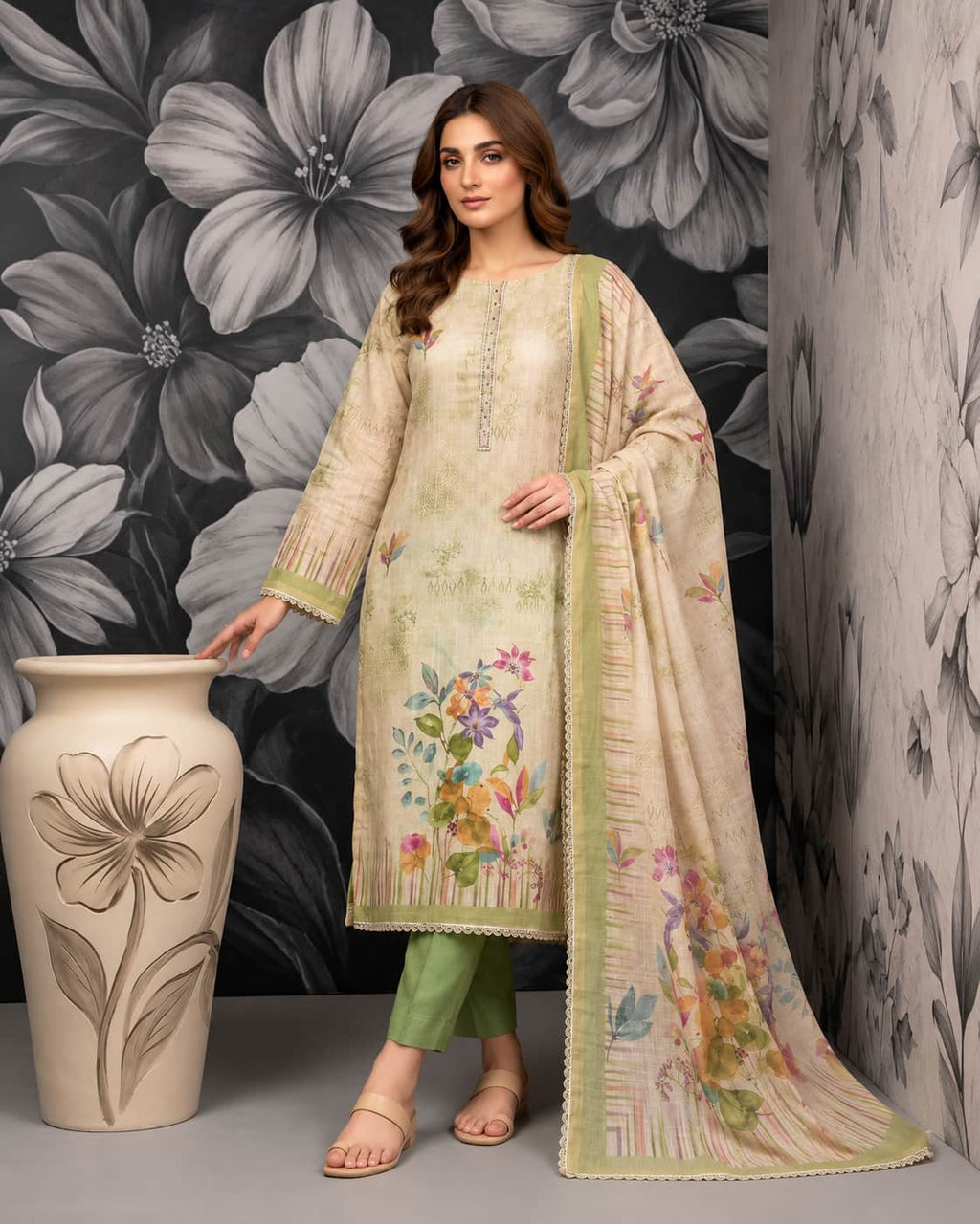 Ivory Garden Pure Cotton Floral Suit Set with Front Handwork