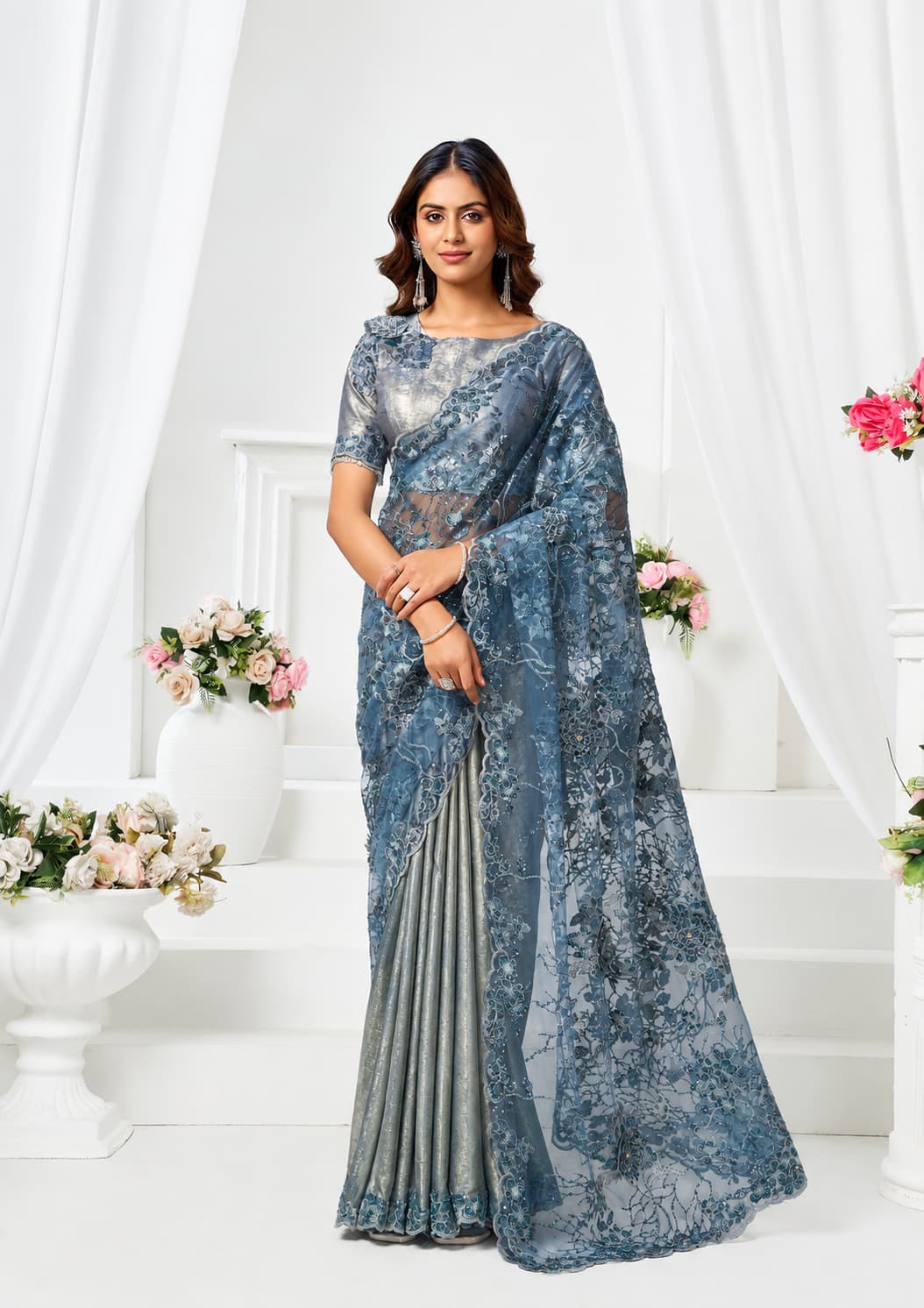 Blue Metallic Lustrous Satin Mono Net Floral Motifs Cutdana Applique Work Saree