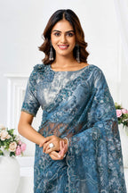 Blue Metallic Lustrous Satin Mono Net Floral Motifs Cutdana Applique Work Saree