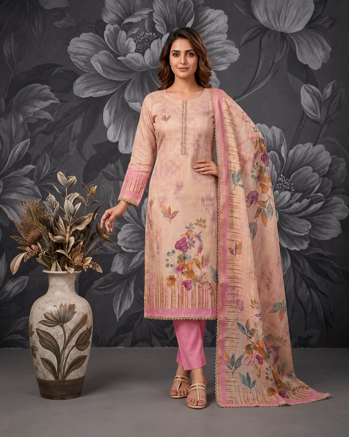 Rose Elegance Pure Cotton Printed Suit Set with Front Handwork