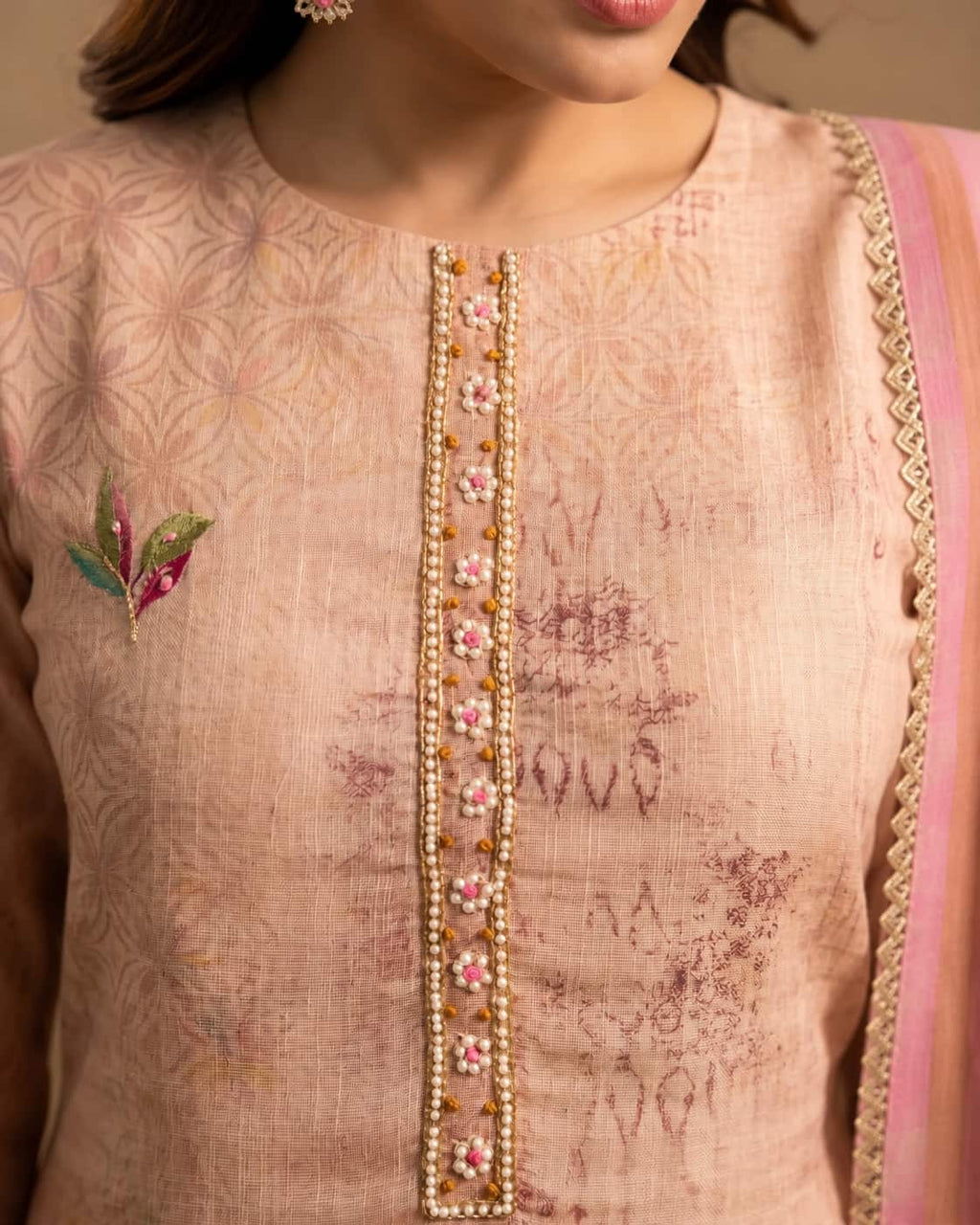 Rose Elegance Pure Cotton Printed Suit Set with Front Handwork