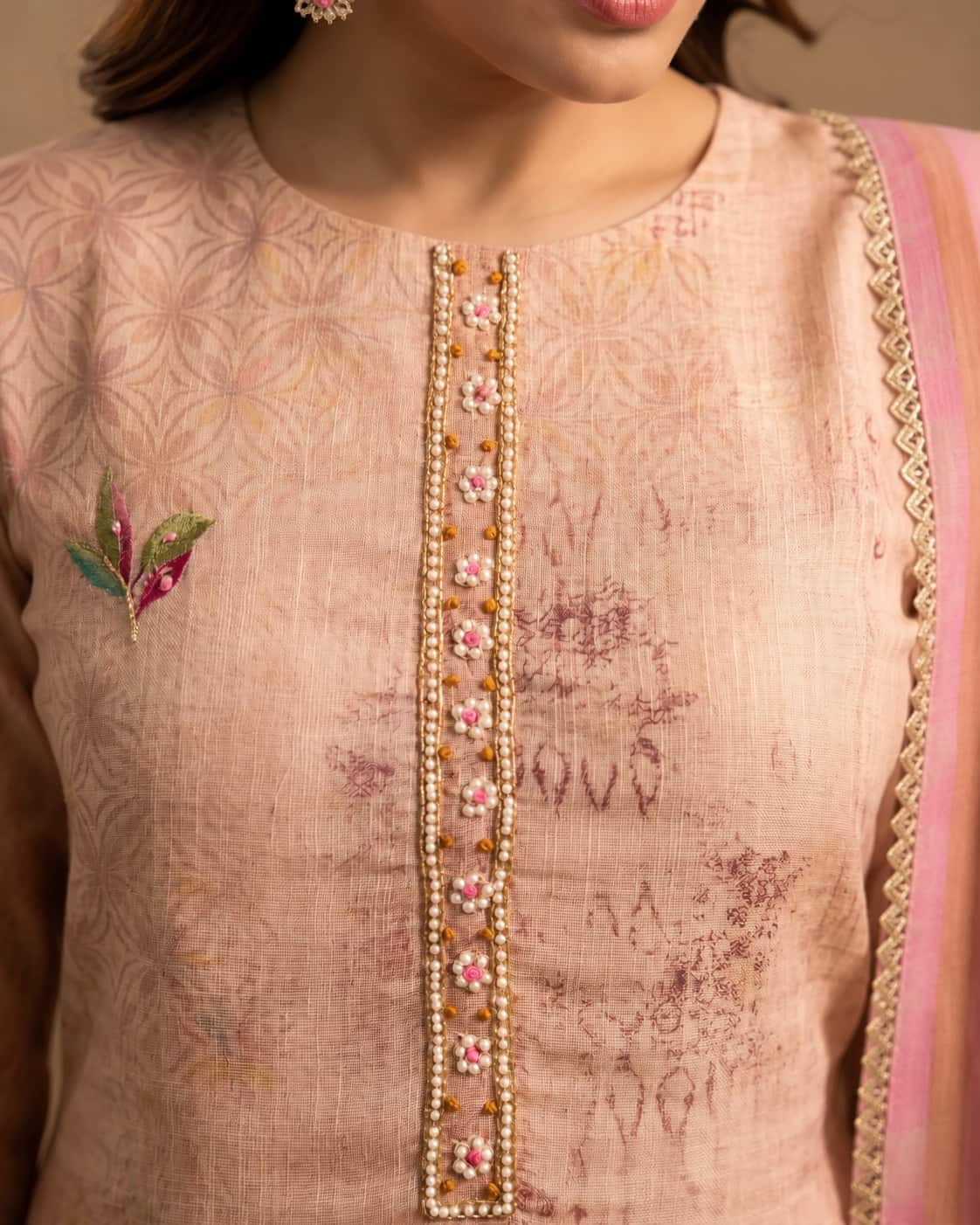 Rose Elegance Pure Cotton Printed Suit Set with Front Handwork