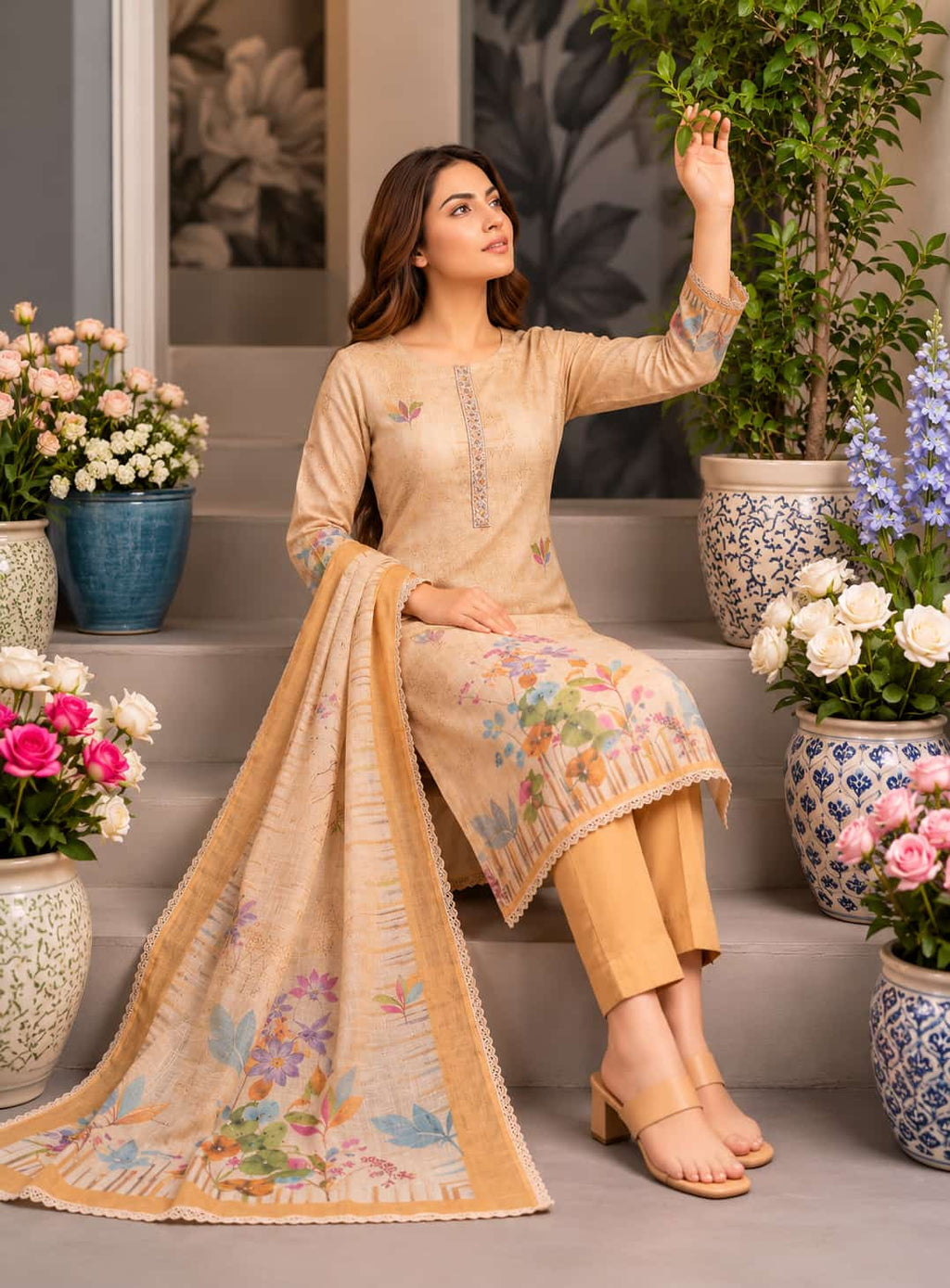 Blush Bloom Pure Cotton Printed Suit Set with Front Handwork