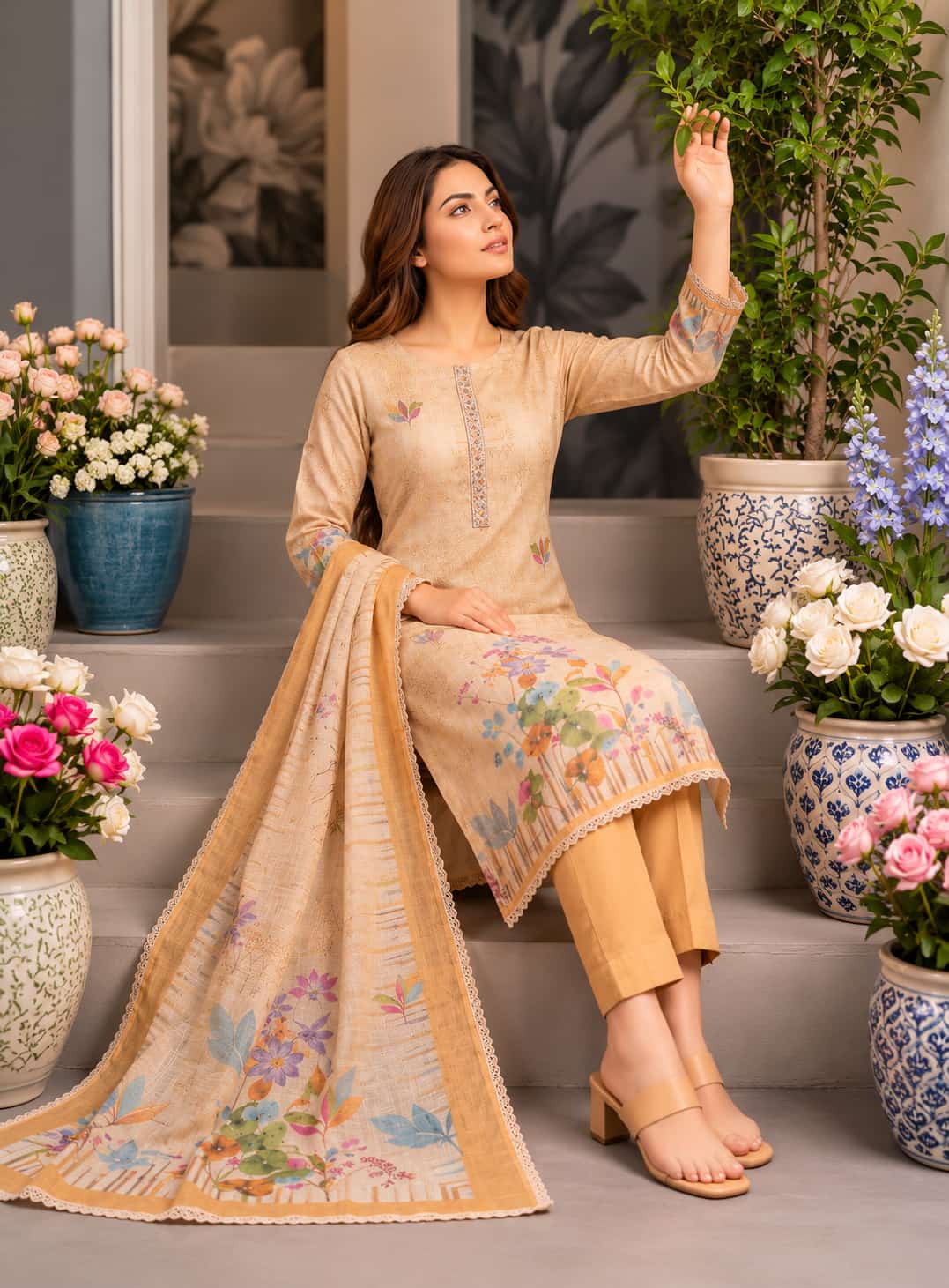 Blush Bloom Pure Cotton Printed Suit Set with Front Handwork