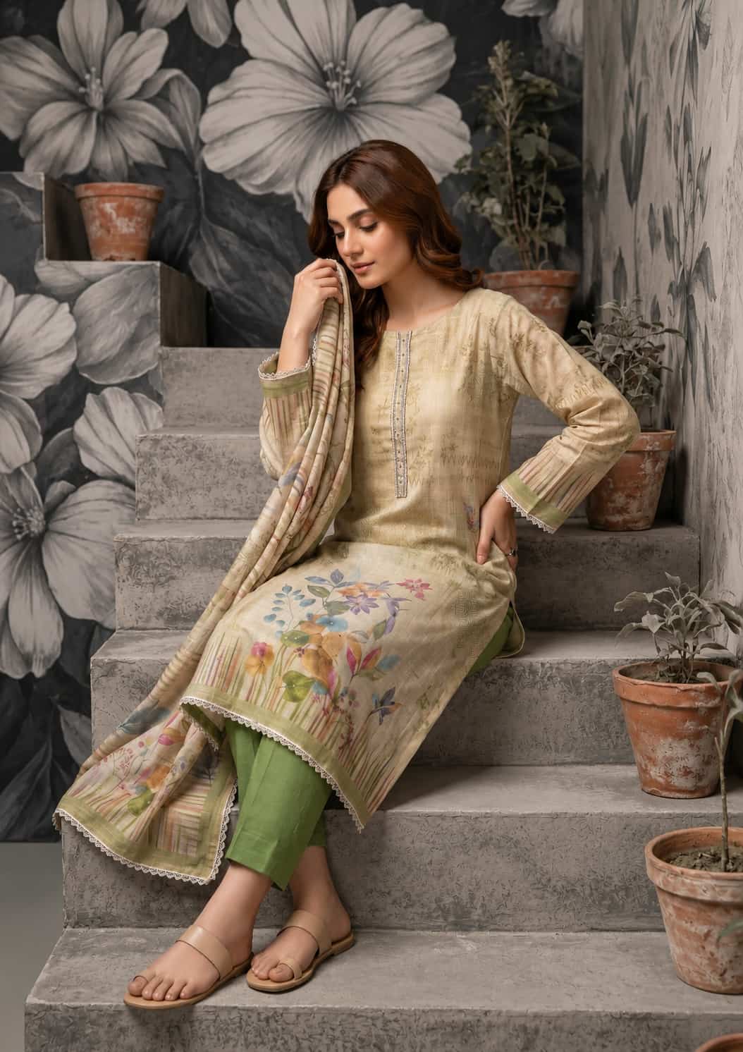 Ivory Garden Pure Cotton Floral Suit Set with Front Handwork