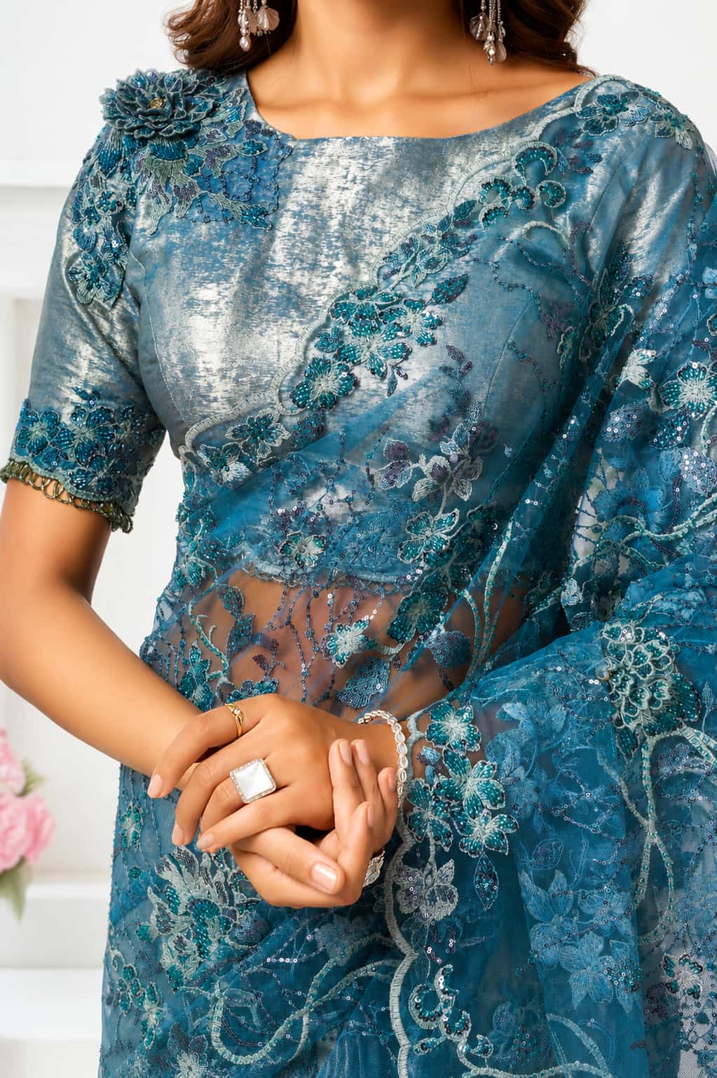 Blue Metallic Lustrous Satin Mono Net Floral Motifs Cutdana Applique Work Saree