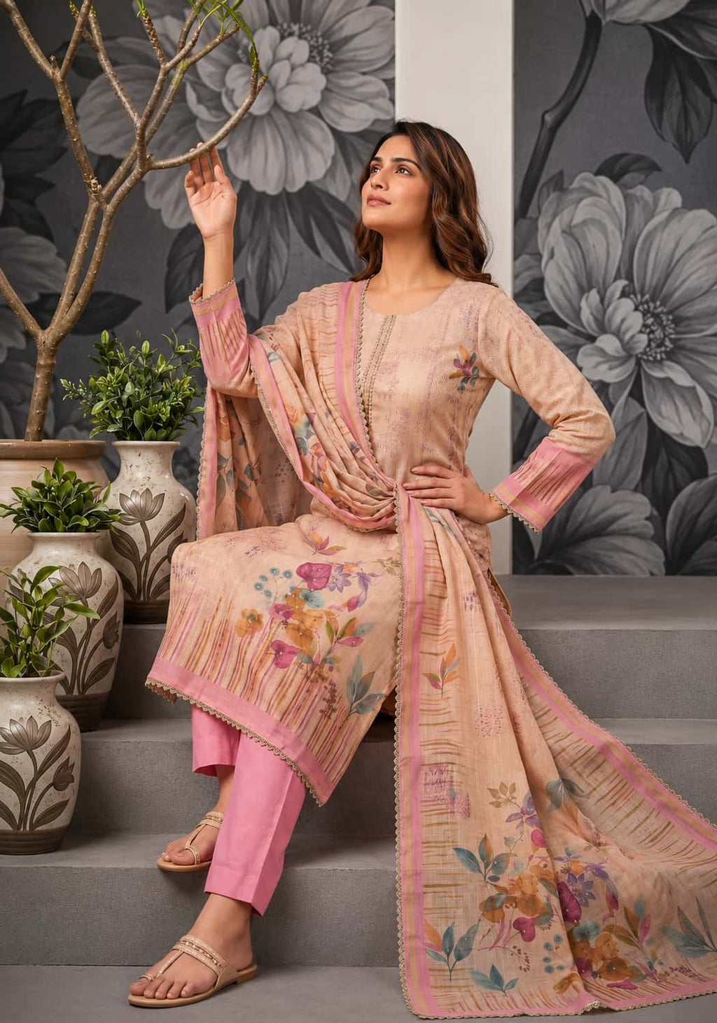 Rose Elegance Pure Cotton Printed Suit Set with Front Handwork