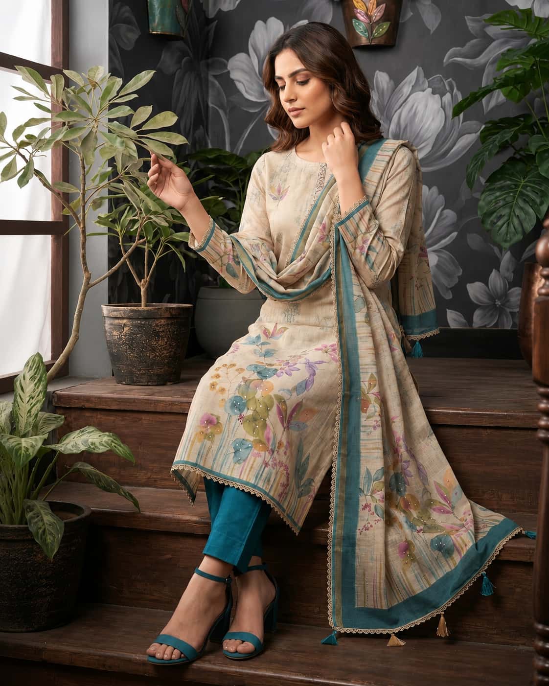 Sage Meadow Pure Cotton Printed Suit Set with Front Handwork