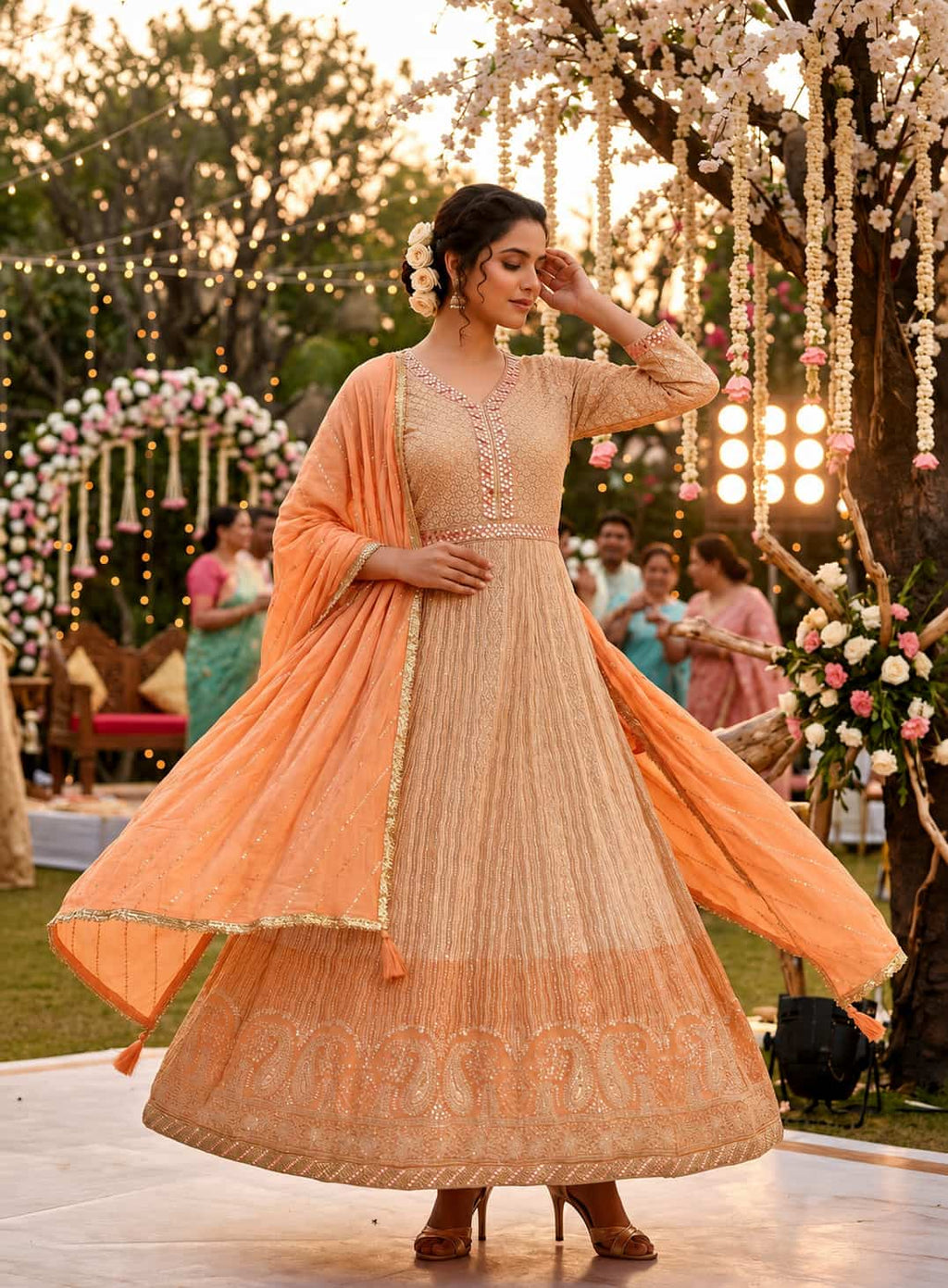 Premium Real Georgette Chikankari Embroidered Readymade Anarkali Suit with Embroidered Dupatta - Peach